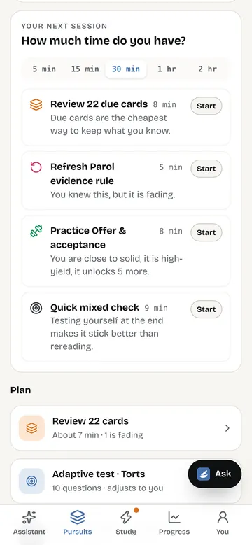 A pursuit's session planner set to 30 minutes: review due cards, refresh a fading concept, practice, and a quick mixed check